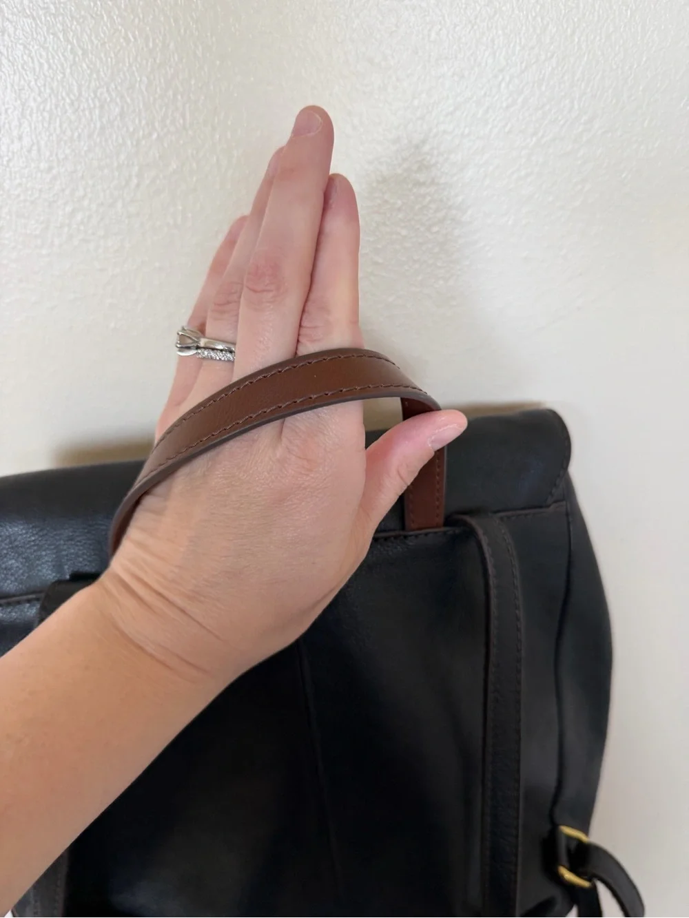 FOSSIL Black Pebbled Leather Backpack with Brown Trim